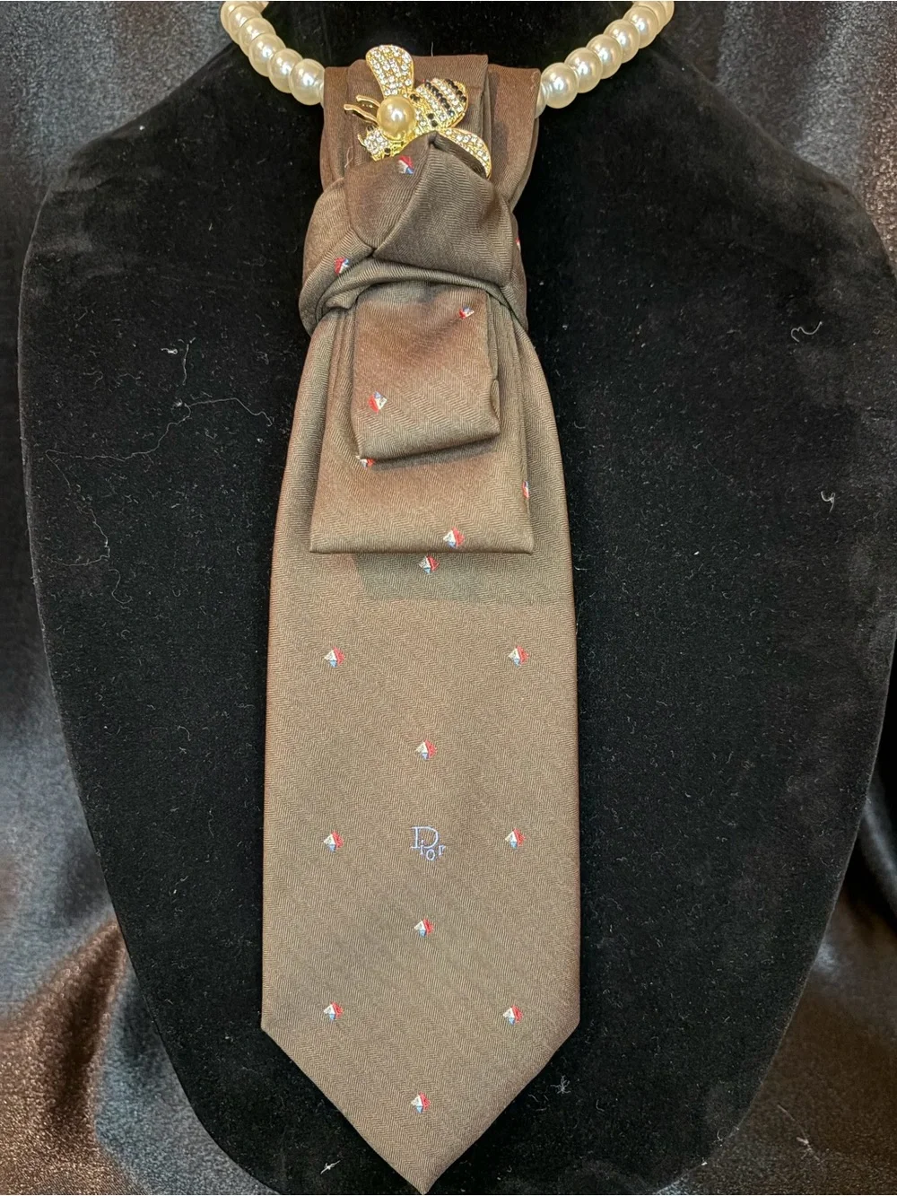 Dior Brown Silk Tie with Tiny Red & White Motifs